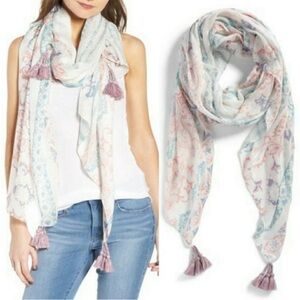 Carlson Scarf with Pink/Blue Floral Abstract Patterns and Pink Tassels